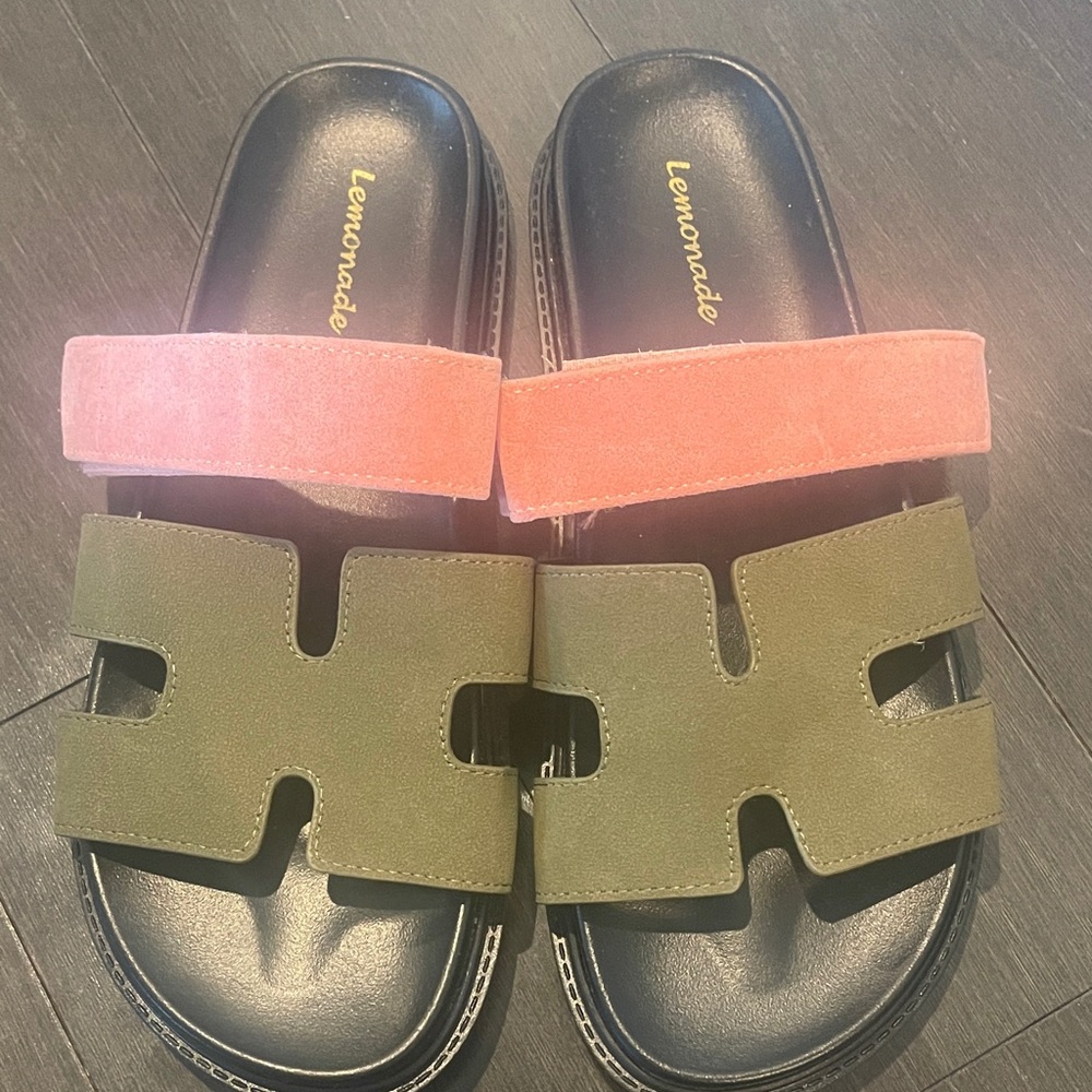 Lemonade Olive and Pink Slide Sandals